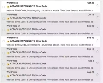 Screenshot of emails about brute force attacks on Simia code homepage.